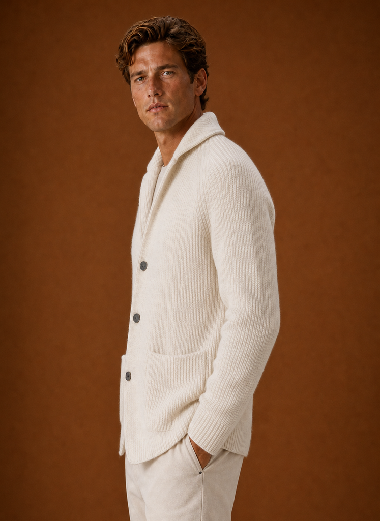 Side profile of a men's ribbed knit cardigan showing sleeve and drape