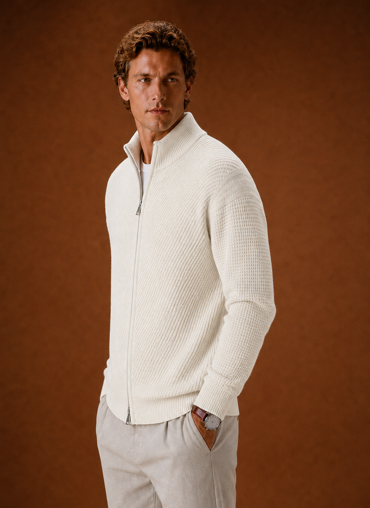 Side view showing profile and zip detail of the Areleon men's knit cardigan