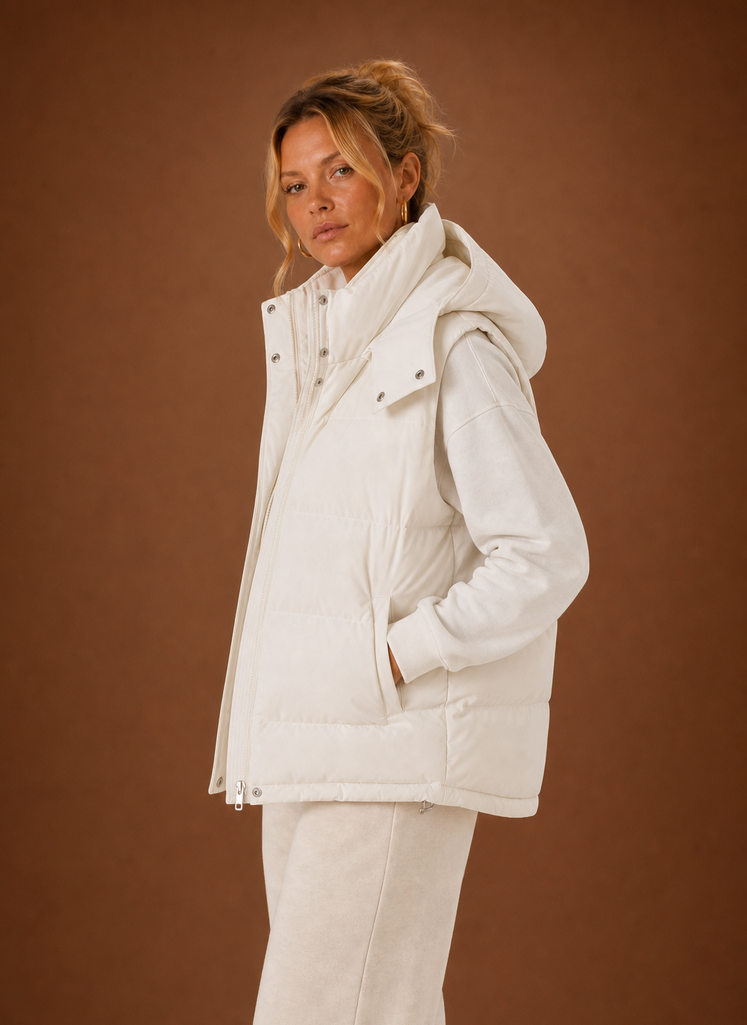 Side profile showing the oversized hood and quilted silhouette of the vest