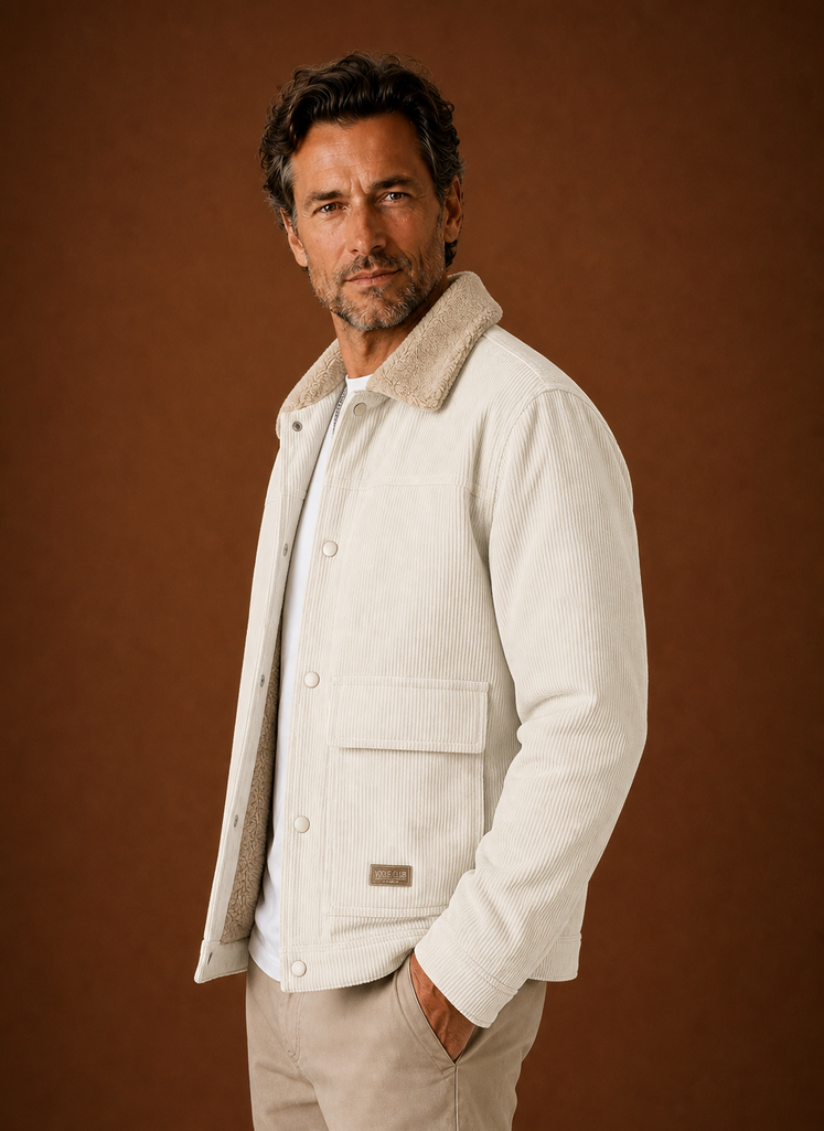 Side profile showing sleeve and drape of the Areleon knit cardigan