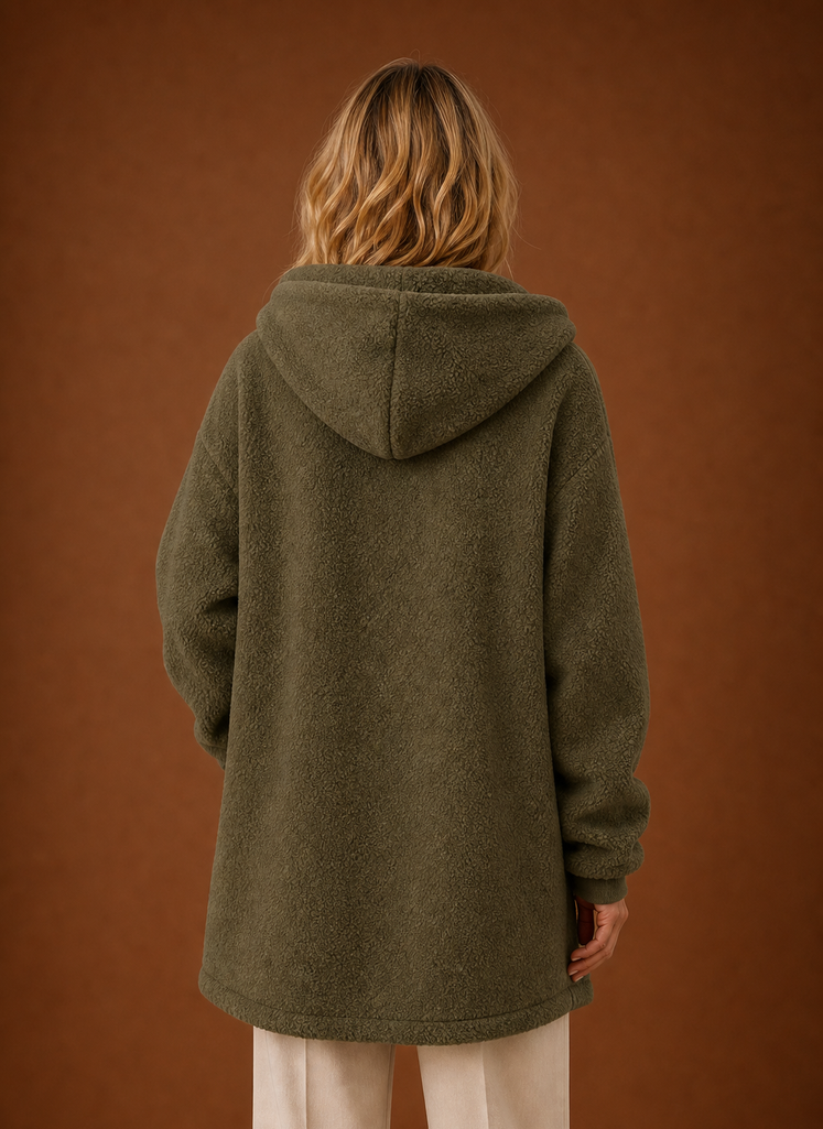 Women's Long Fleece Hooded Winter Jacket back view