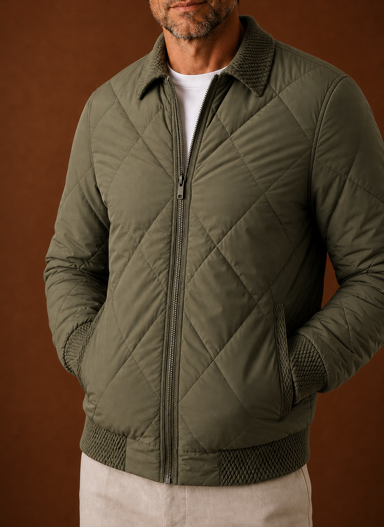 Close-up of quilted stitching and ribbed cuff on men's bomber jacket