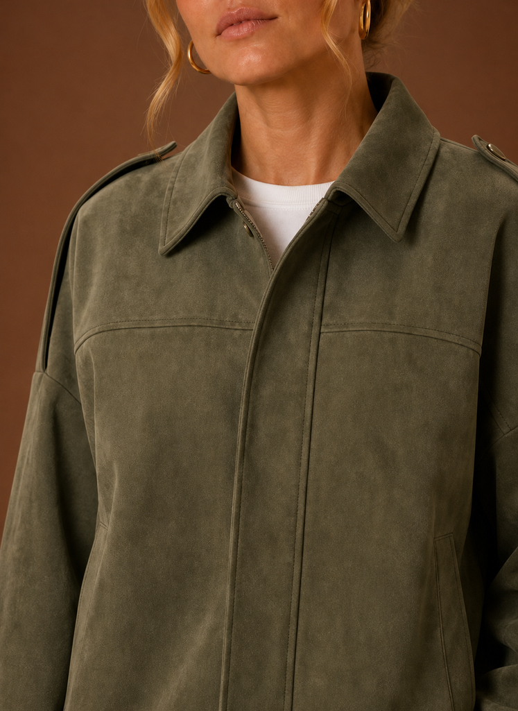 Close-up view of the jacket's neckline and stitch detailing