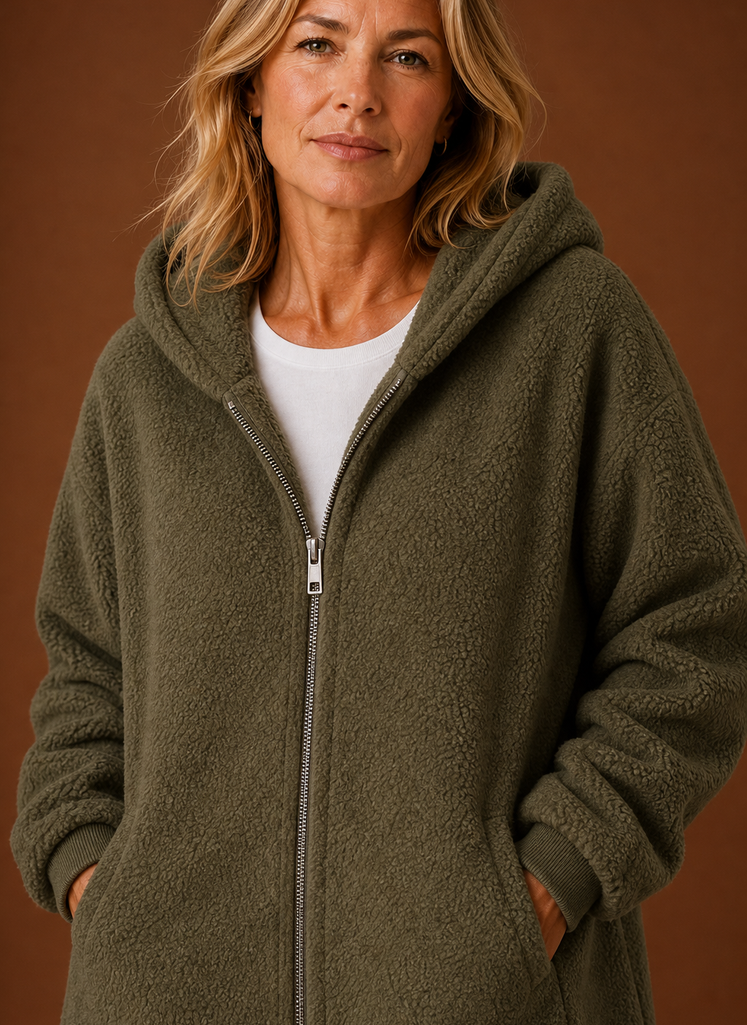 Women's Long Fleece Hooded Winter Jacket closeup view