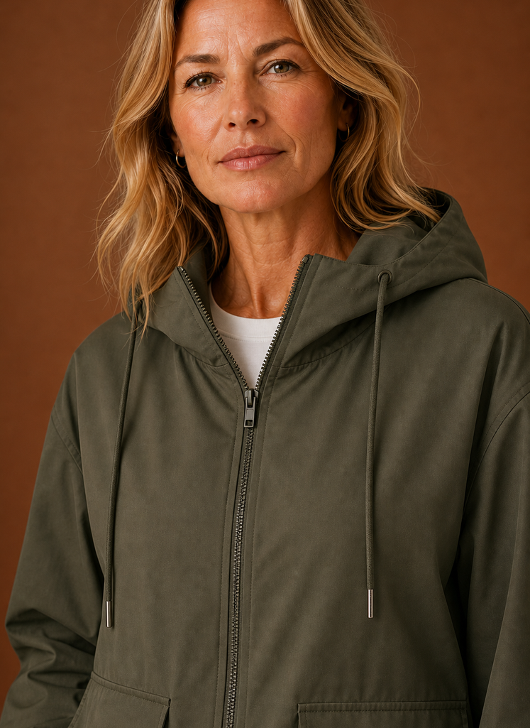 Close-up of hood and neckline details on the windbreaker jacket