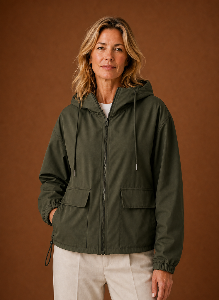 Front view of Areleon women's hooded windbreaker jacket on neutral background