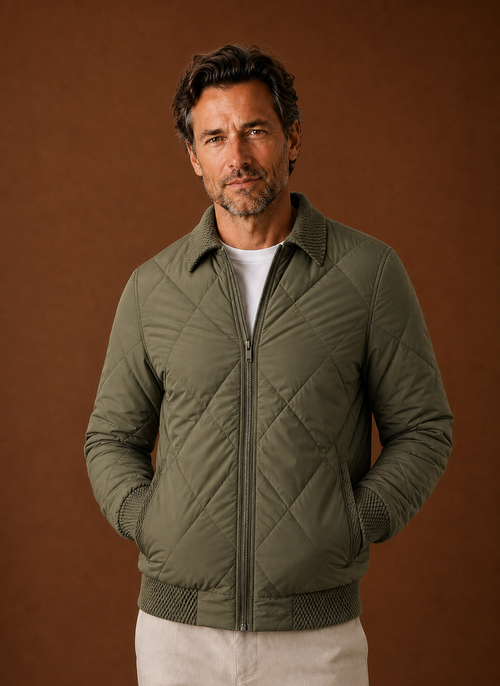 Front view of men's quilted bomber jacket with zip closure