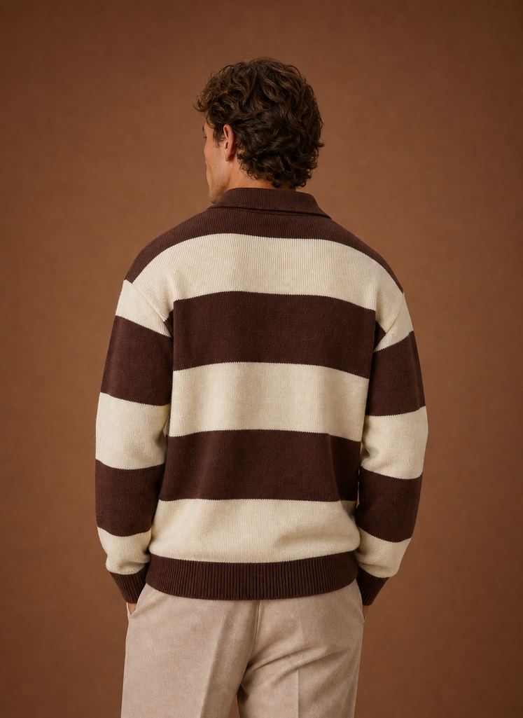Back view of men's quarter-zip sweater showing the silhouette and hem