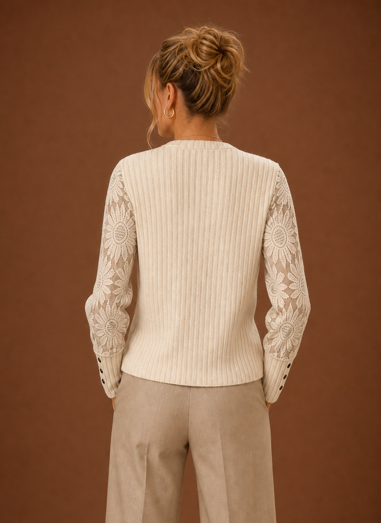 Back view of women's ribbed knit pullover sweater