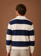 Back view of a men's knit cardigan with a clean silhouette