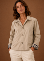 Close-up of button-front closure and ribbed cuff and hem detailing