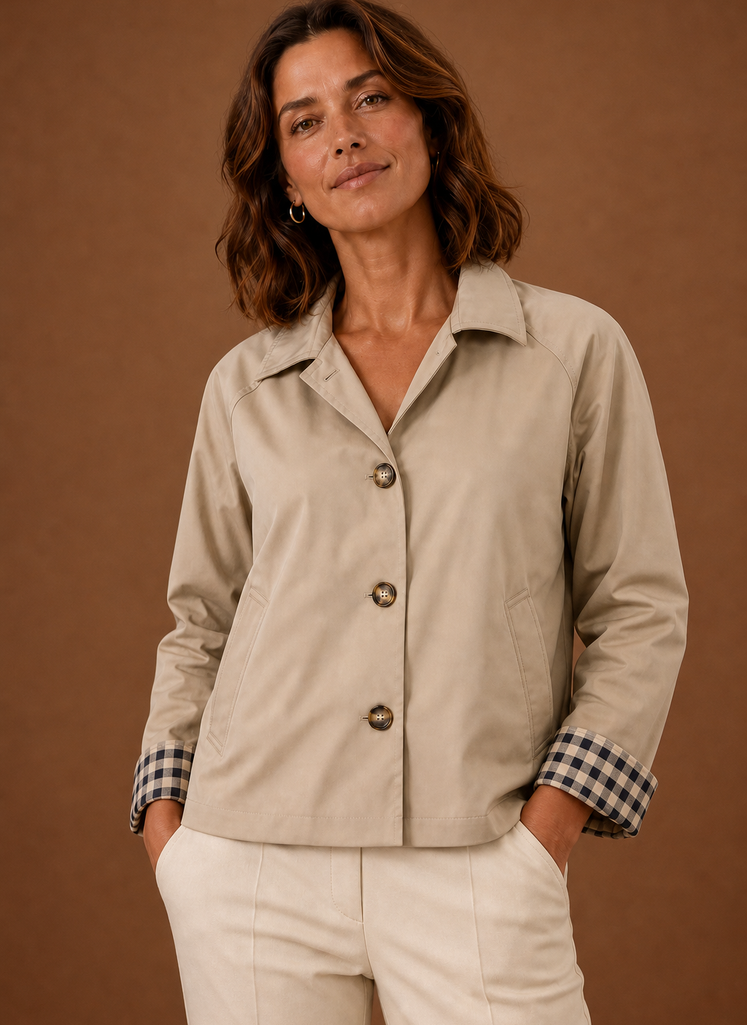Close-up of button-front closure and ribbed cuff and hem detailing