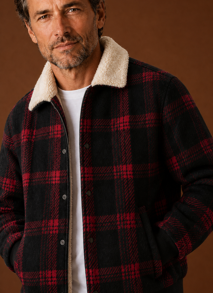 Close-up of the jacket's zip closure and ribbed cuff detailing