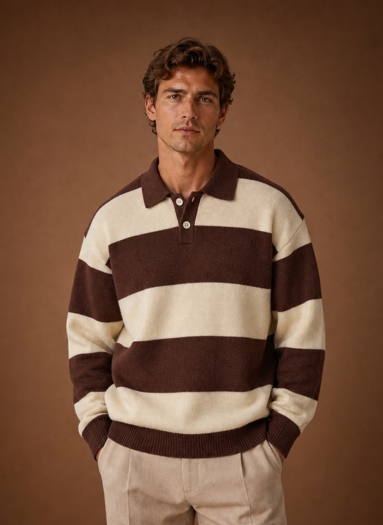 Front view of men's quarter-zip sweater showing ribbed collar and zip closure on a neutral background