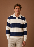 Front view of a men's knit cardigan with button-front and V-neck on a neutral background