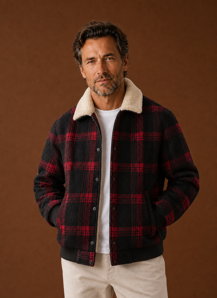 Front view of men's lightweight bomber jacket with zip closure and ribbed collar