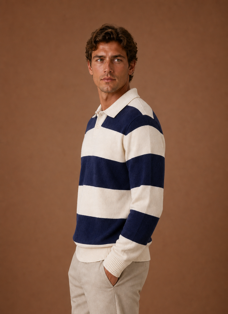 Side profile of a men's knit cardigan showing long sleeves and ribbed hem