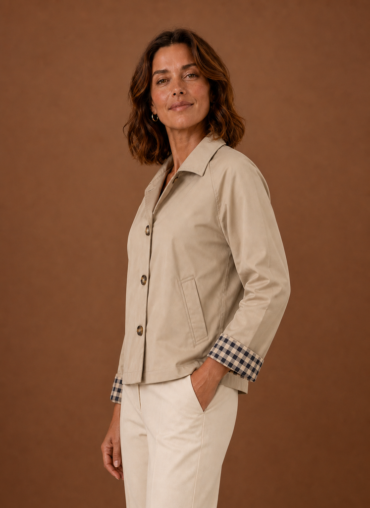 Side view of cardigan showing relaxed drape and long-sleeve silhouette
