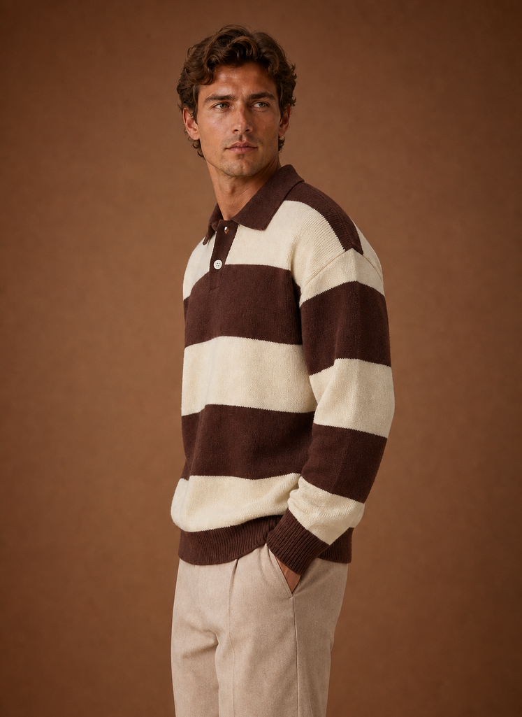 Side view of men's quarter-zip sweater highlighting the profile and sleeve fit