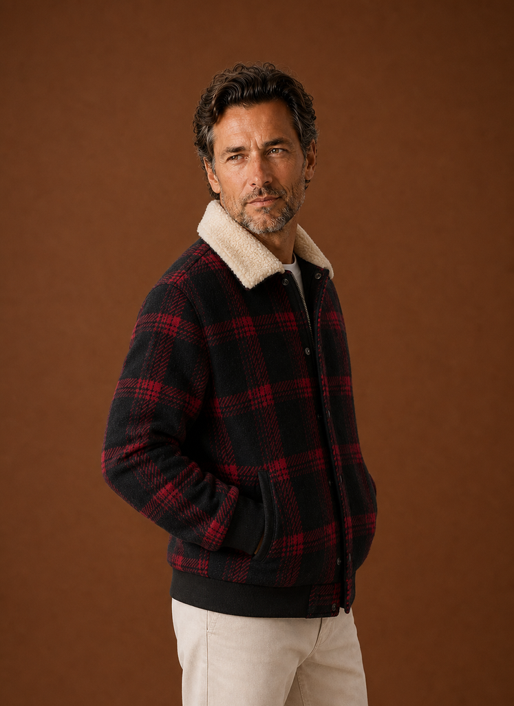 Side profile of men's bomber jacket showing long sleeve and straight hem