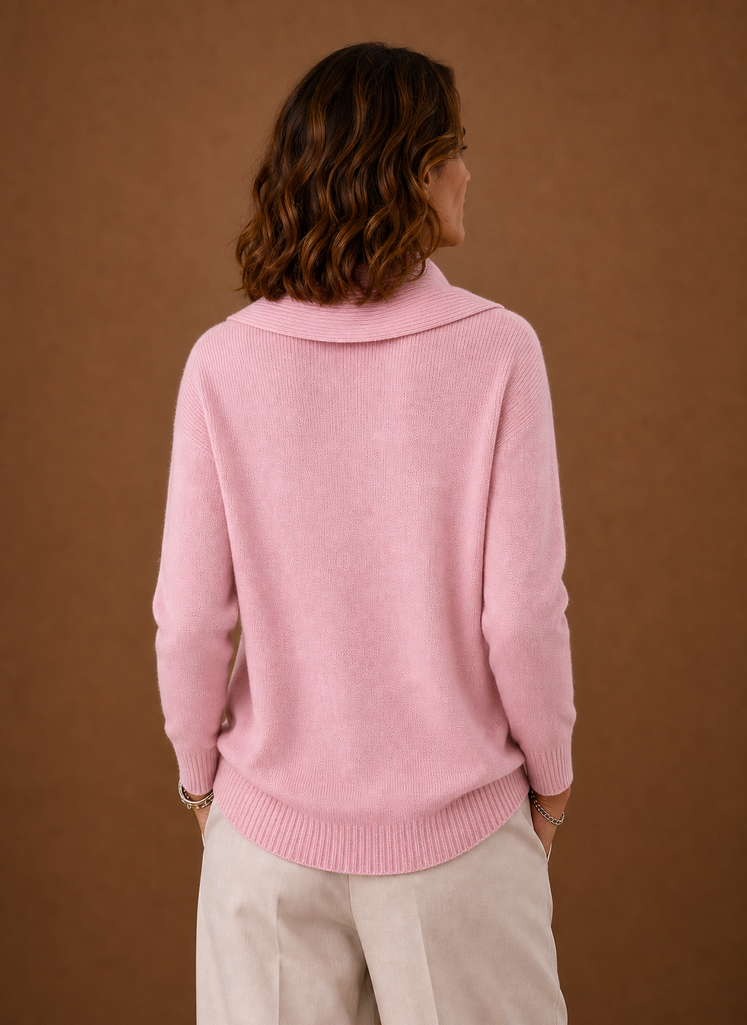 Back view of Areleon women's cowl neck knit sweater showing silhouette and hem