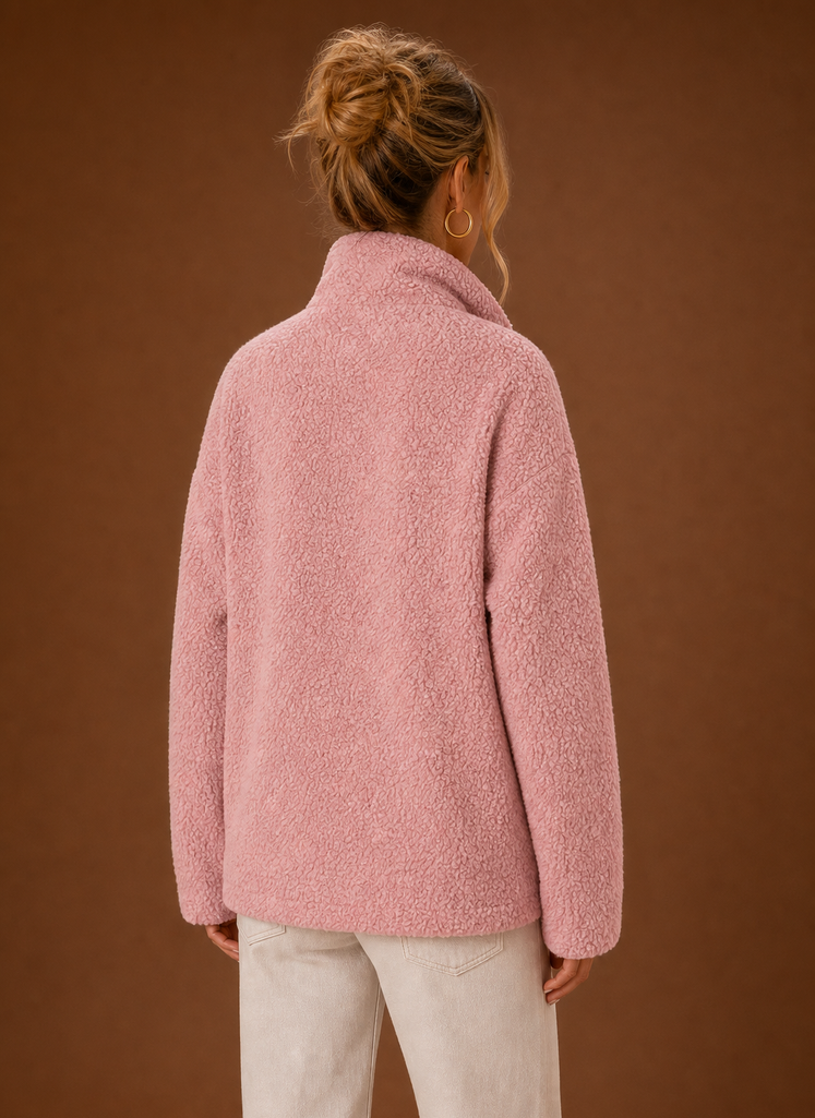 Back view of Sherpa Zip-Up Jacket with straight hem