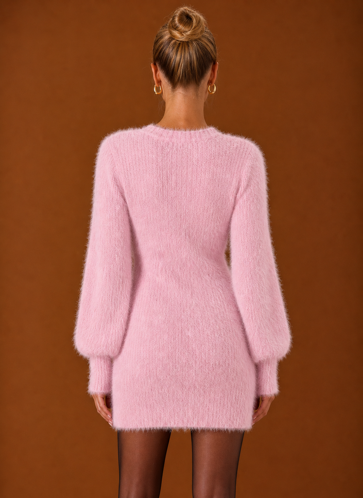 Back view of Areleon sweater dress showing clean silhouette and ribbed hem
