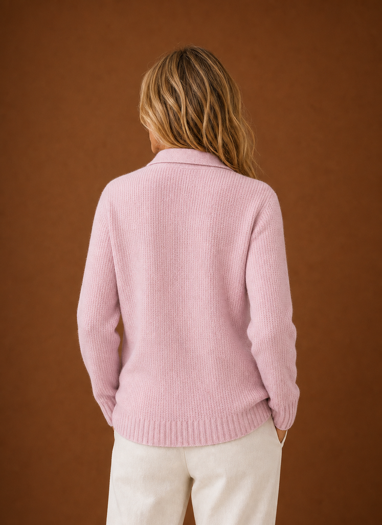 Back view of women's knit cardigan displaying full back silhouette
