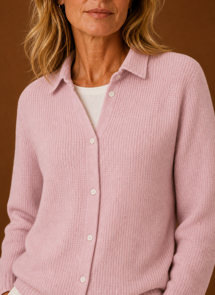 Close-up of button-front and knit texture on women's cardigan
