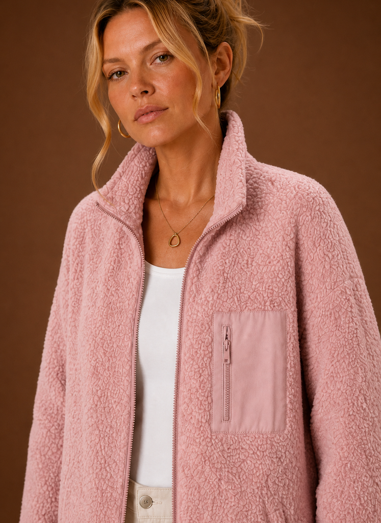 Close-up of sherpa-style texture and zipper detail on the jacket
