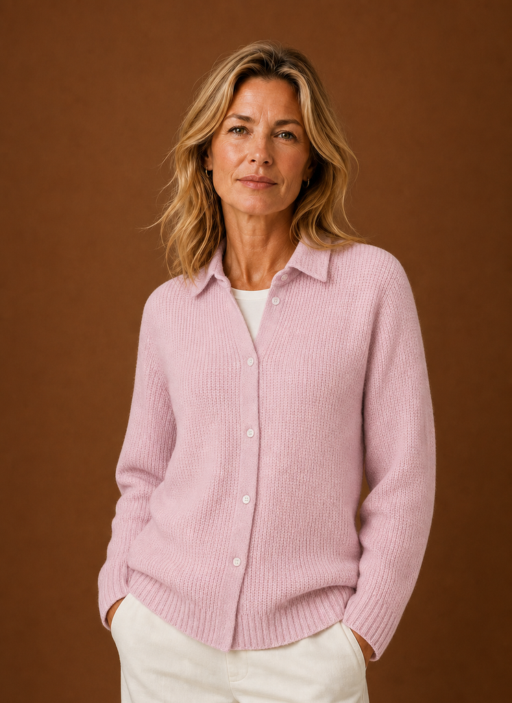 Front view of women's button-front knit cardigan showing button closure and clean silhouette