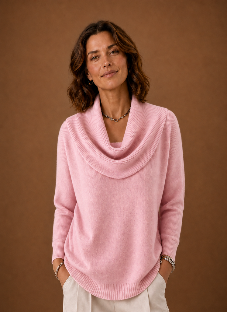 Front view of Areleon women's cowl neck knit sweater on a mannequin