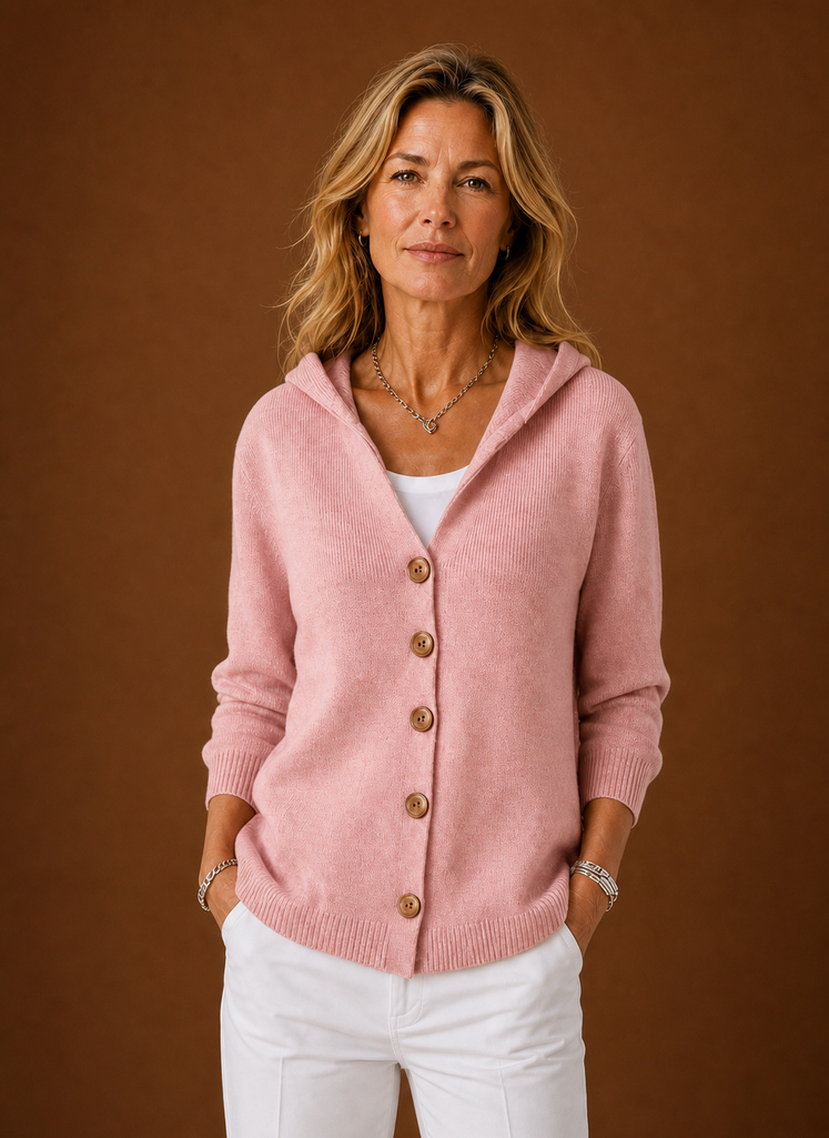 Front view of Areleon women's hooded button-up cardigan showing hood and button-front closure