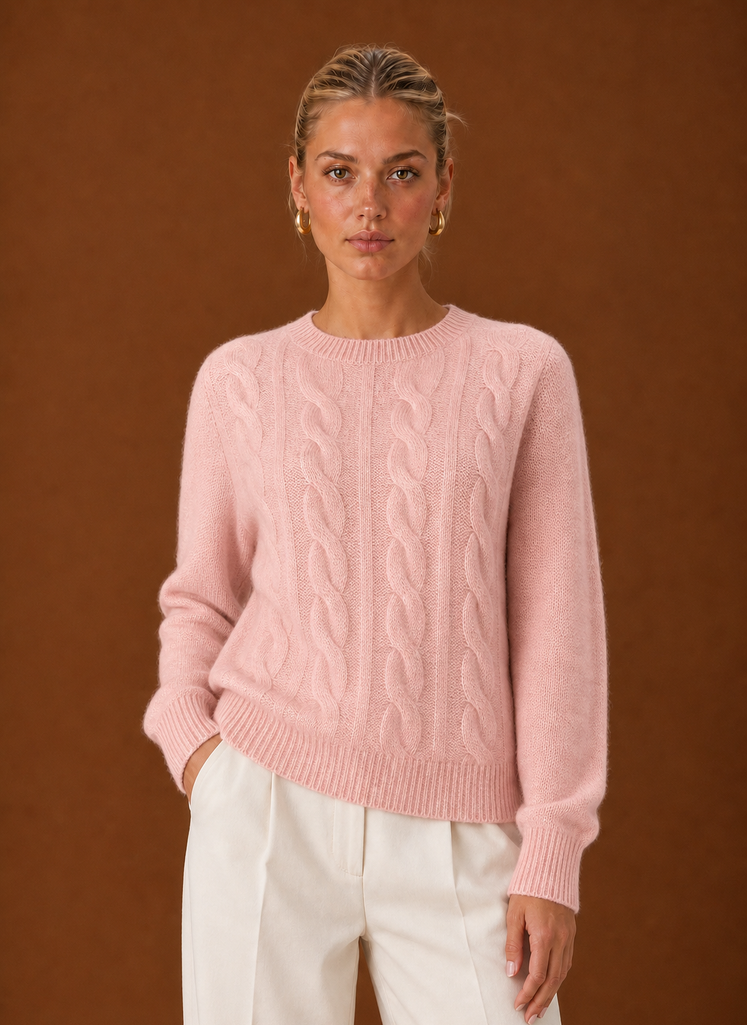 Women's Cable Knit Sweater - Crew Neck Knit Pullover front view