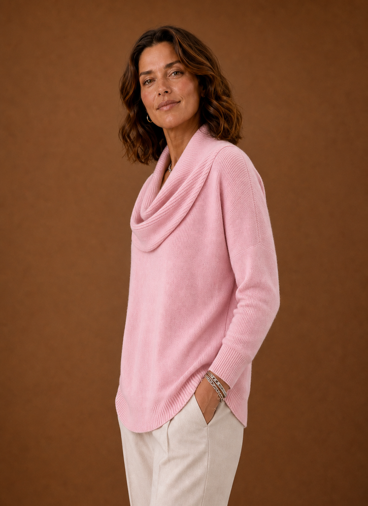 Side profile of Areleon women's cowl neck knit sweater showing draped neckline