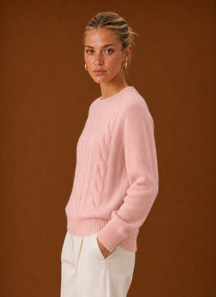 Women's Cable Knit Sweater - Crew Neck Knit Pullover side view