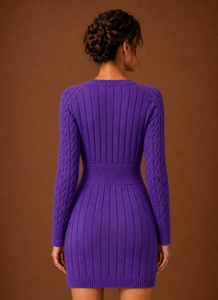 Back view of women's cable knit mini dress with long sleeves