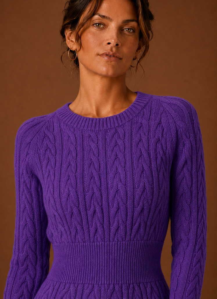 Close-up of cable knit texture and stitch detail on the sweater dress