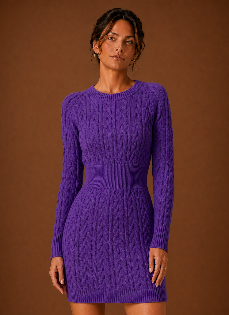 Front view of women's cable knit long-sleeve mini sweater dress on plain background