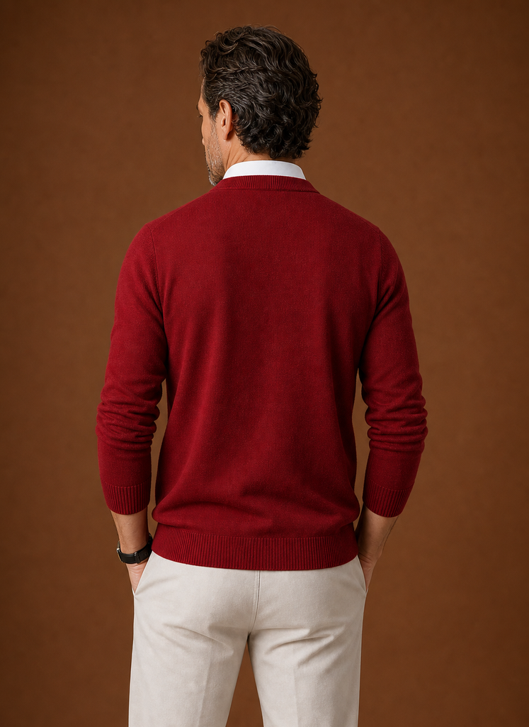 Back view of men's V-neck knit sweater in red