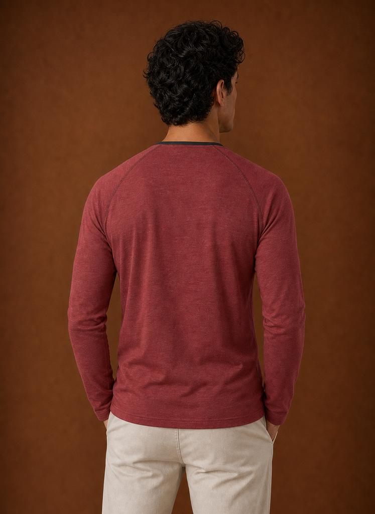 Back view of a men's Henley shirt with plain back detail