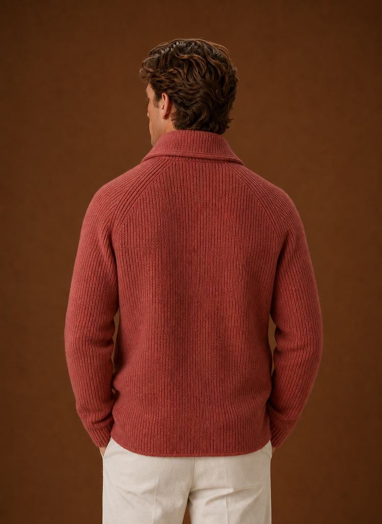 Back view of a men's ribbed knit cardigan displaying the ribbed texture