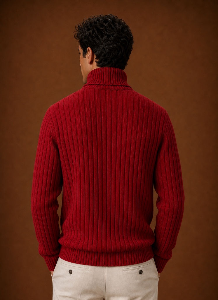 Men's Turtleneck Sweater - Ribbed Roll Neck Knit Pullover back view