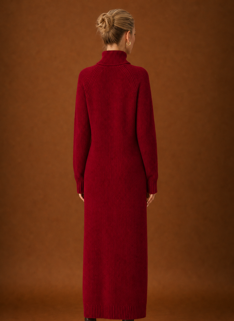 Back view of ribbed knit maxi sweater dress with high turtleneck