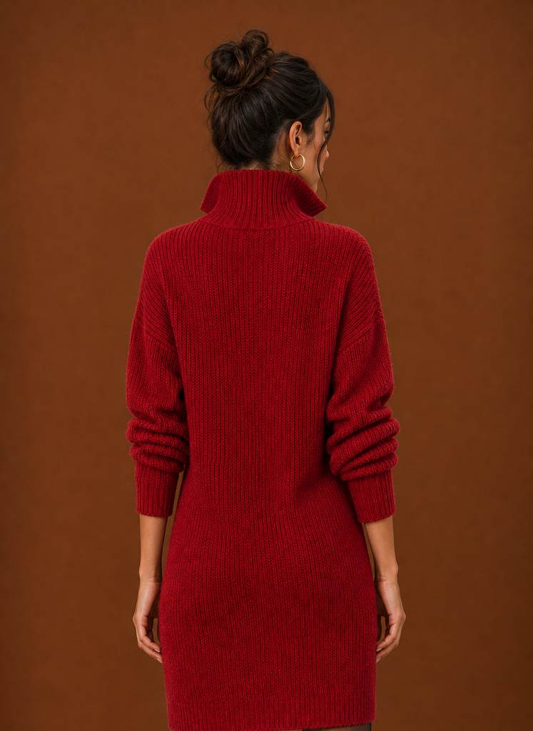 Back view of women's sweater dress showing pullover construction and clean lines