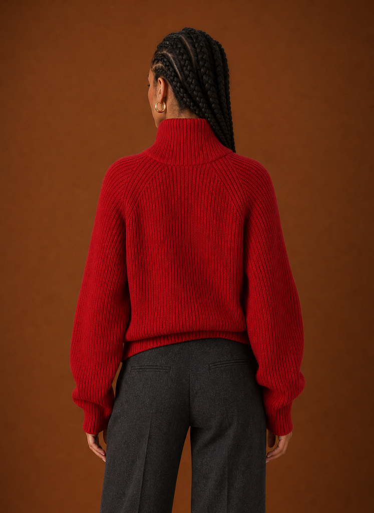 Back view of the quarter-zip knit sweater showing a clean silhouette