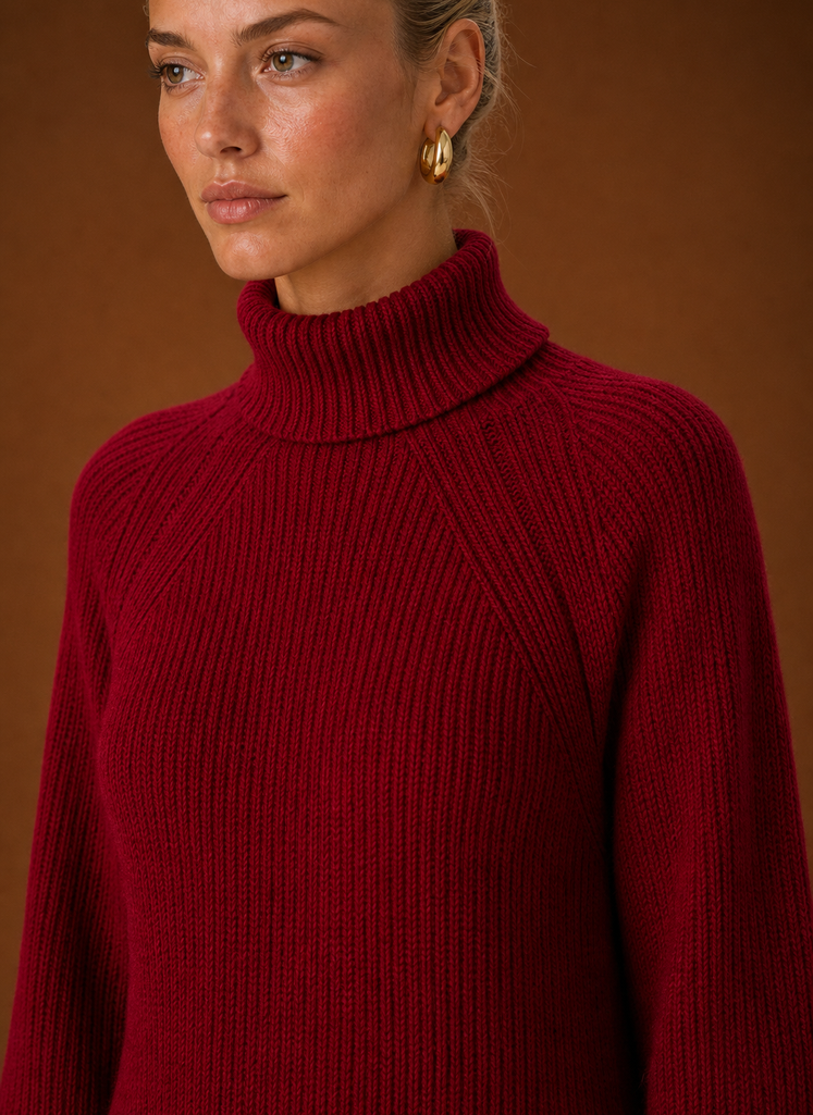 Close-up of ribbed knit texture and turtleneck neckline on the maxi dress