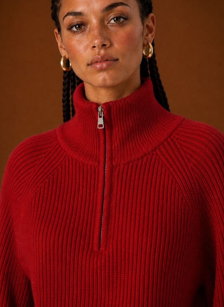 Close-up of the quarter-zip pull tab and knit texture near the neckline