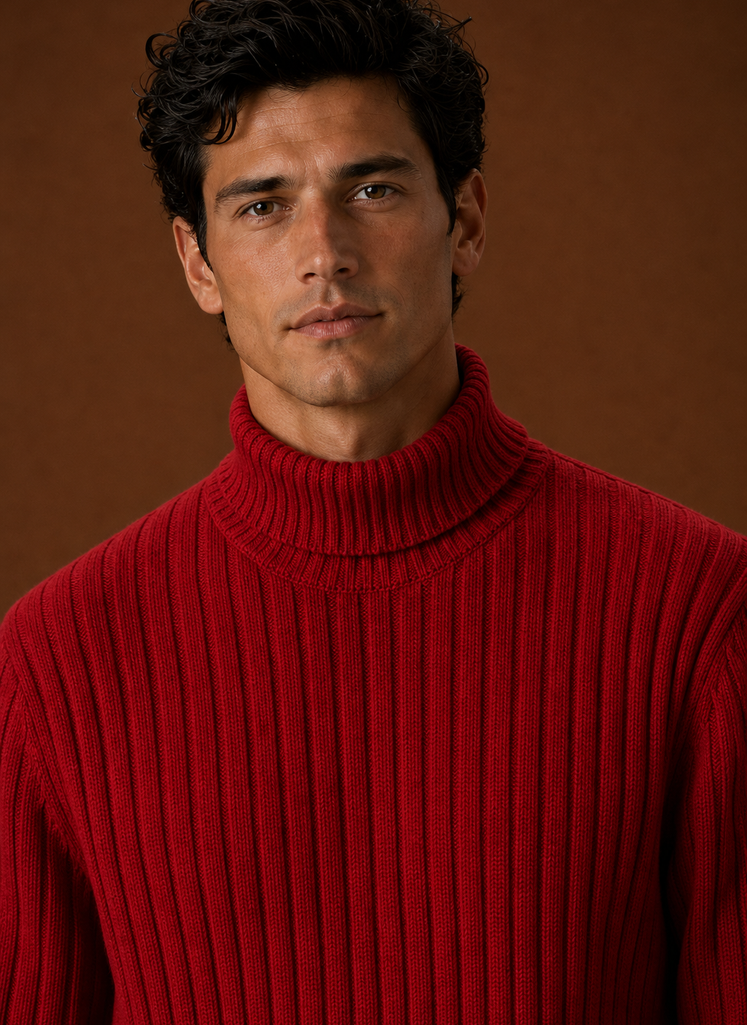 Men's Turtleneck Sweater - Ribbed Roll Neck Knit Pullover closeup view