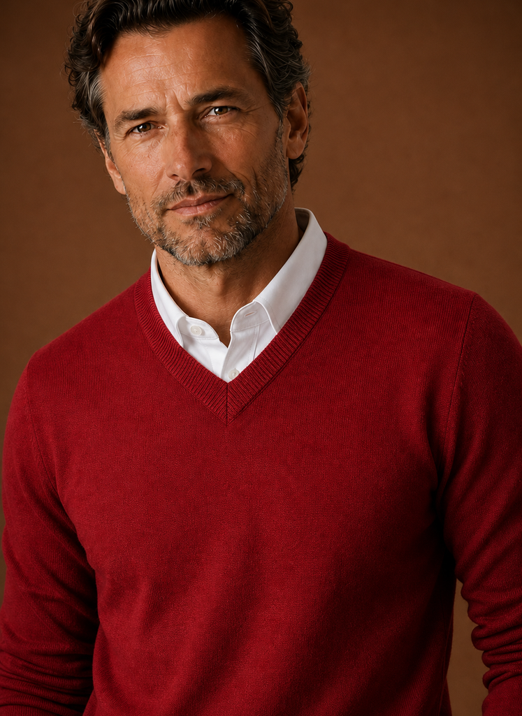 Close-up of V-neck and knit texture on men's sweater